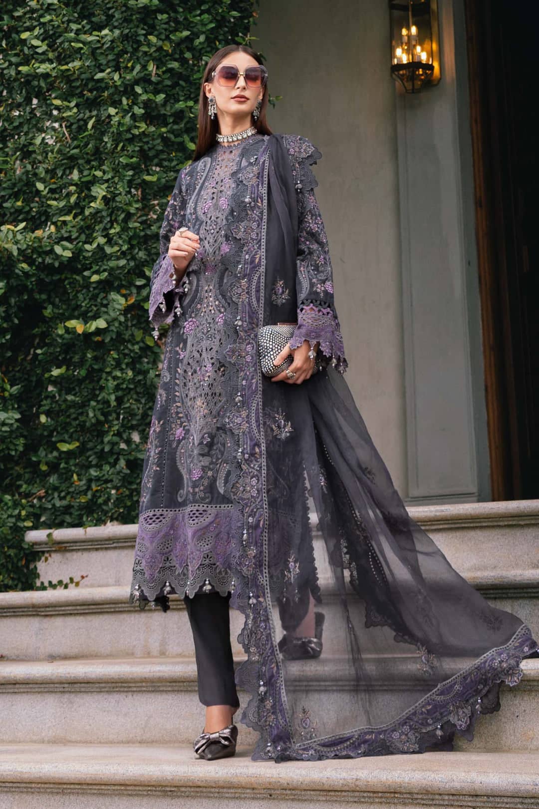 MARIA.B Winter Pakistani Suits Restocked/Maria B Winter Luxe 25/05/Embroidered Velvet Suit/Lilac & Grey