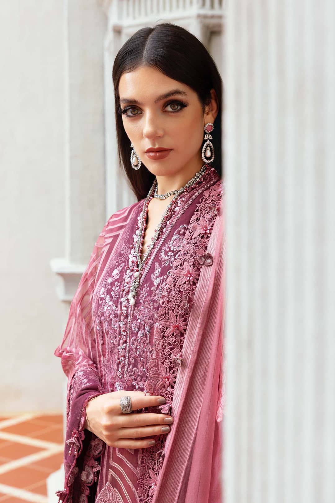 MARIA.B Winter Pakistani Suits Restocked/Maria B Winter Luxe 25/ Embroidered Organza Suit/04/Ash Pink