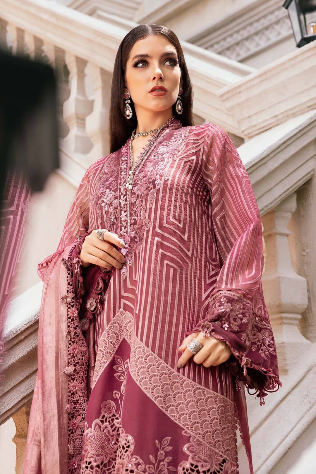 MARIA.B Winter Pakistani Suits Restocked/Maria B Winter Luxe 25/ Embroidered Organza Suit/04/Ash Pink