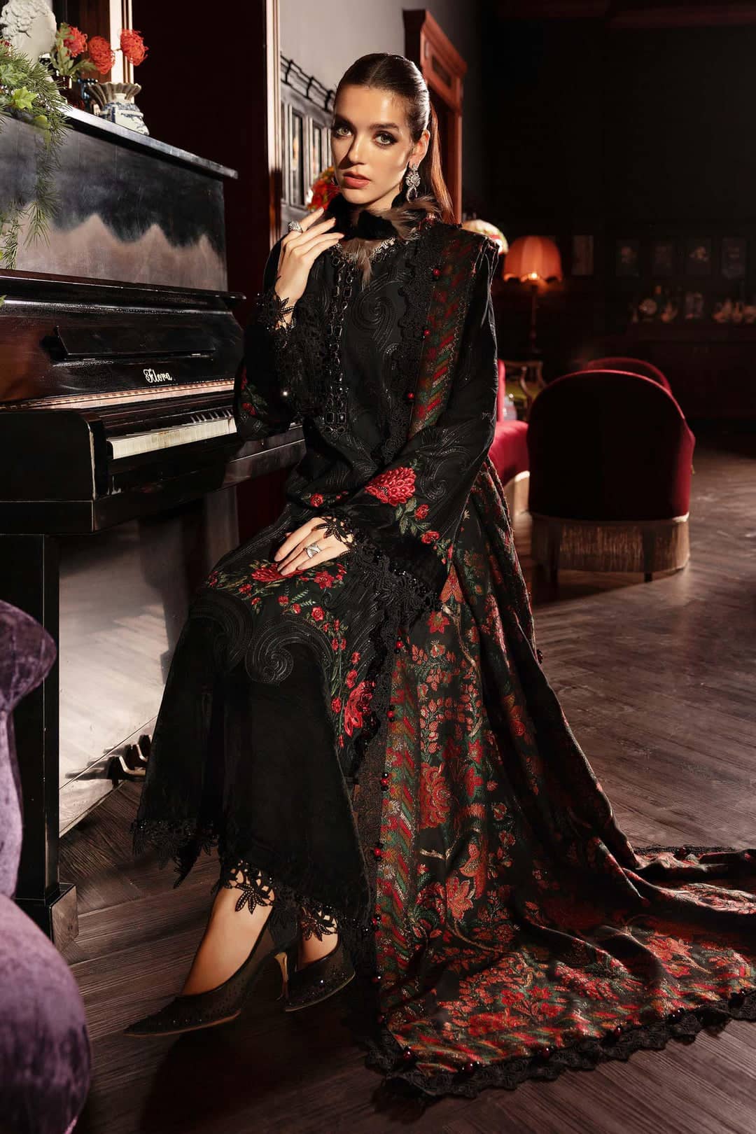 MARIA.B Winter Pakistani Suits Restocked/Maria B Winter Luxe 25/Embroideried Linen Suit/Wool Shawl/09/Black & Red