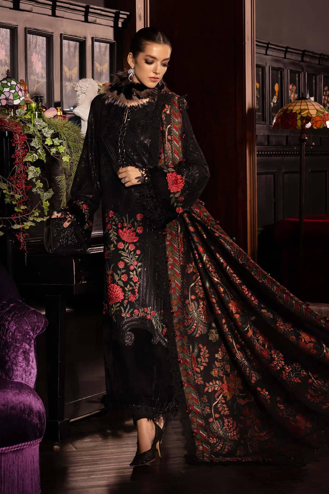 MARIA.B Winter Pakistani Suits Restocked/Maria B Winter Luxe 25/Embroideried Linen Suit/Wool Shawl/09/Black & Red