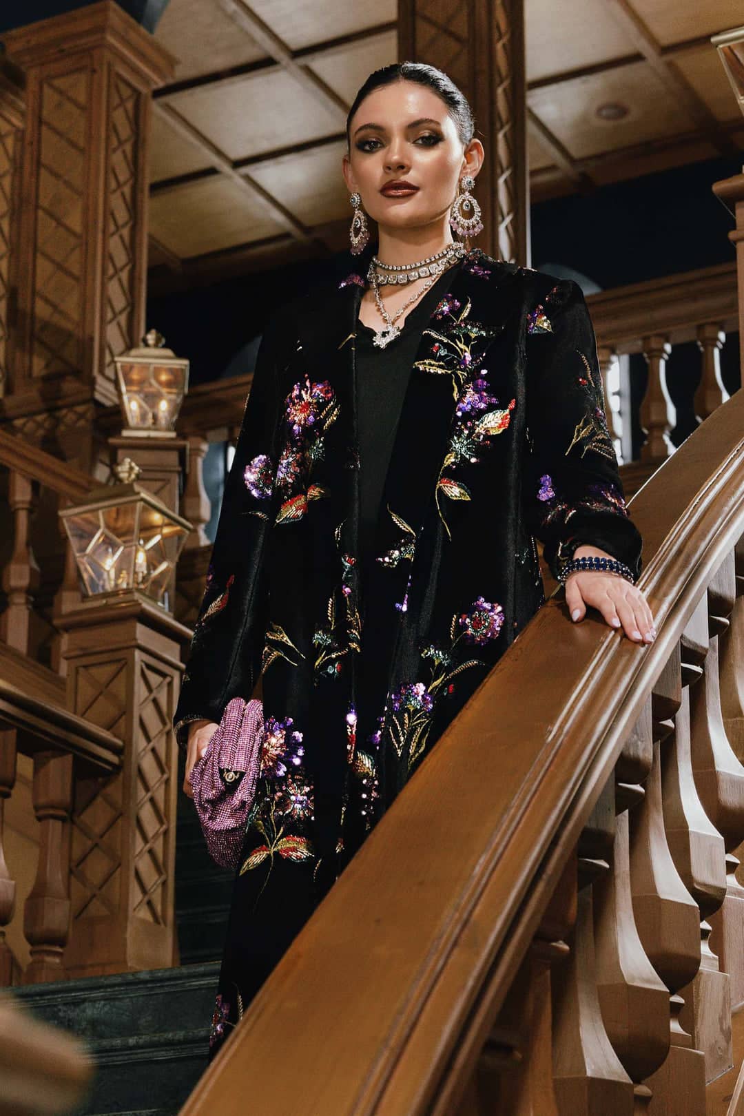 MARIA.B Winter Pakistani Suits Restocked/Maria B Winter Luxe 25/Embroideried Velvet Suit/06/Black & Purple