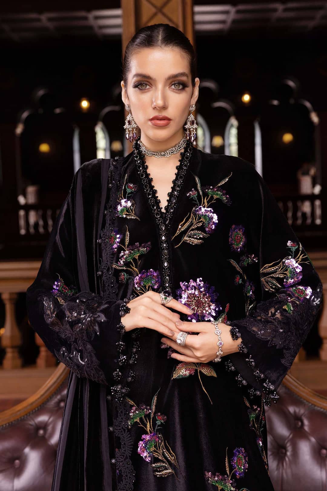 MARIA.B Winter Pakistani Suits Restocked/Maria B Winter Luxe 25/Embroideried Velvet Suit/06/Black & Purple