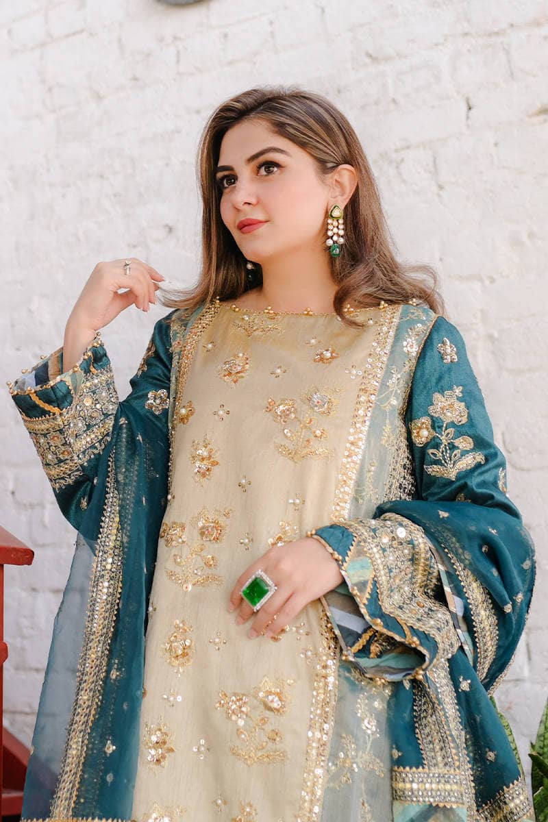 Mohsin Naveed Ranjha Chiffon Pakistani Suit Mohsin Naveed Ranjha 25/Makhfi/Shaadi Collection/Teal Blue/Lehar