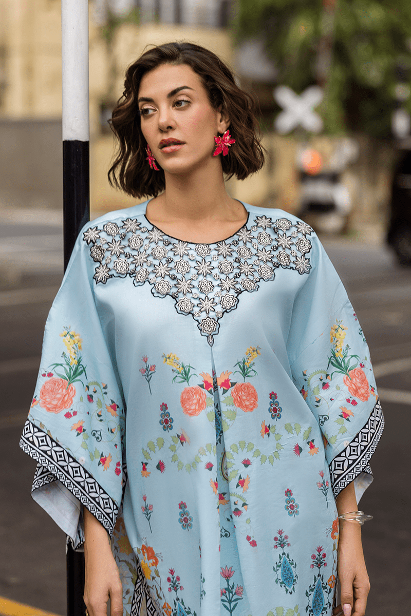 Restocked/Mushq La Dolce Hemline Prints/Nerina/Light Blue/Chiffon Dupatta