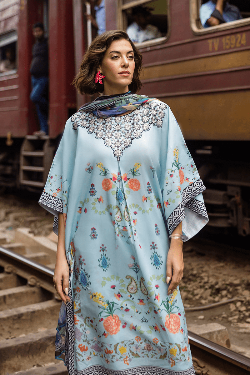 Restocked/Mushq La Dolce Hemline Prints/Nerina/Light Blue/Chiffon Dupatta