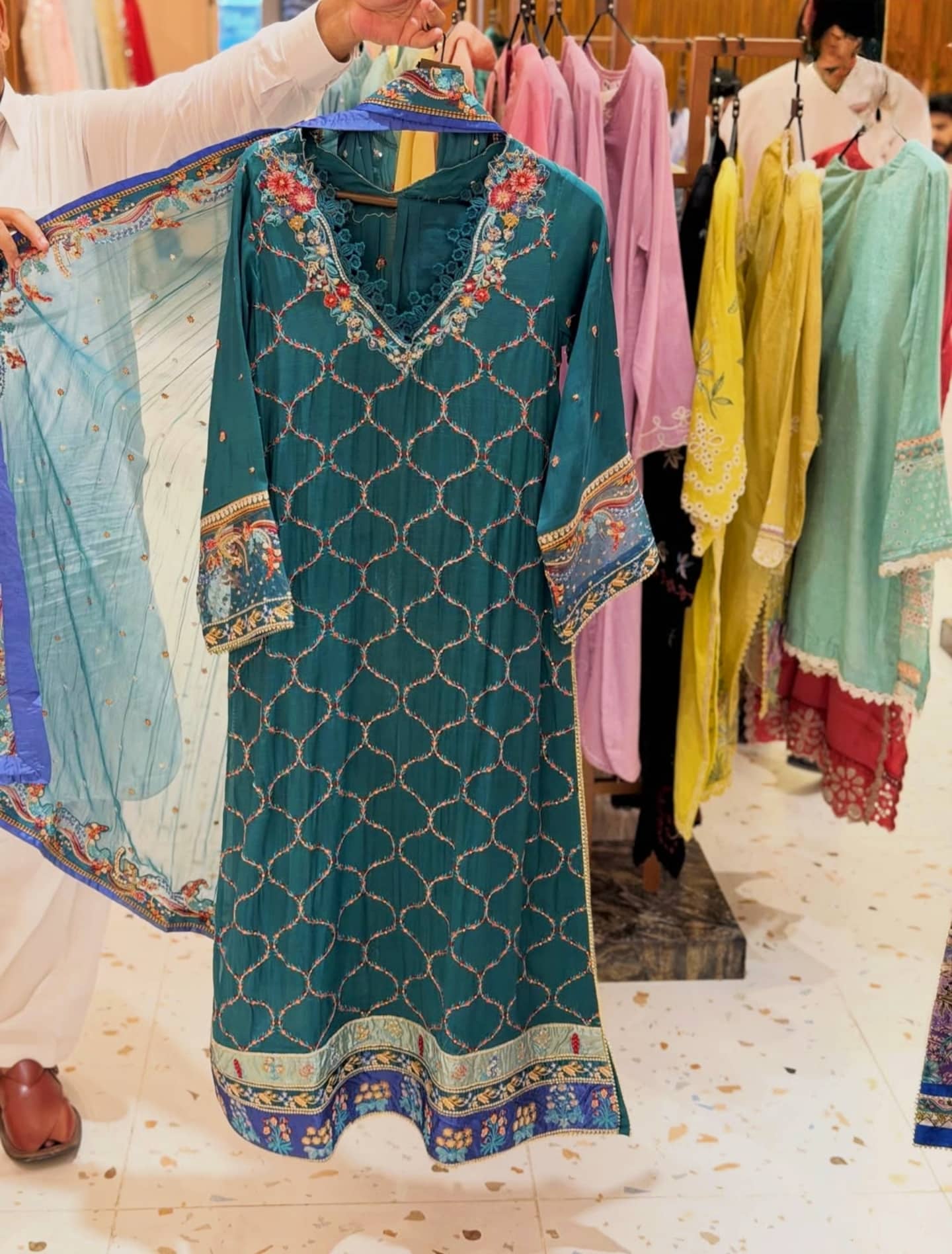 Stitched Look of Unstitched Mushq Nuvera Hemline Raw Silk/Valene/Teal Green