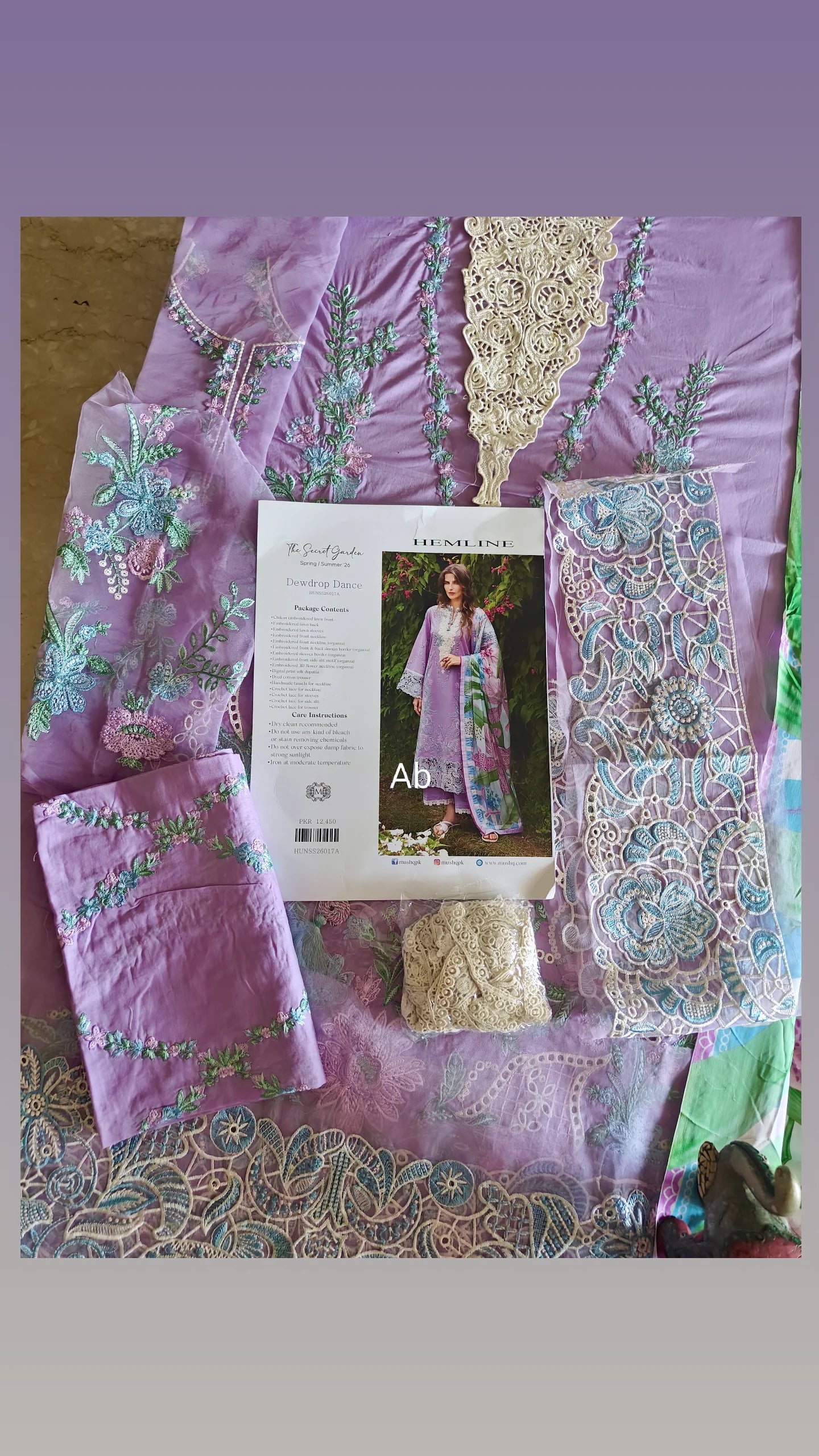 Open Pic/Mushq Hemline 26/Dewdrop Dance/Silk Dupatta/Lilac
