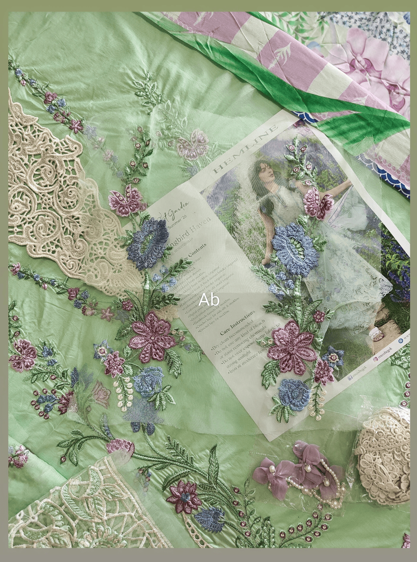 Open Pic/Mushq Hemline 26/Hummingbird Haven/Silk Dupatta/Mint Green