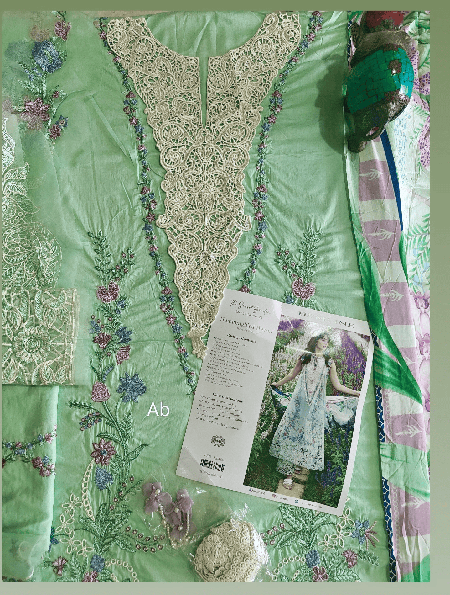 Open Pic/Mushq Hemline 26/Hummingbird Haven/Silk Dupatta/Mint Green