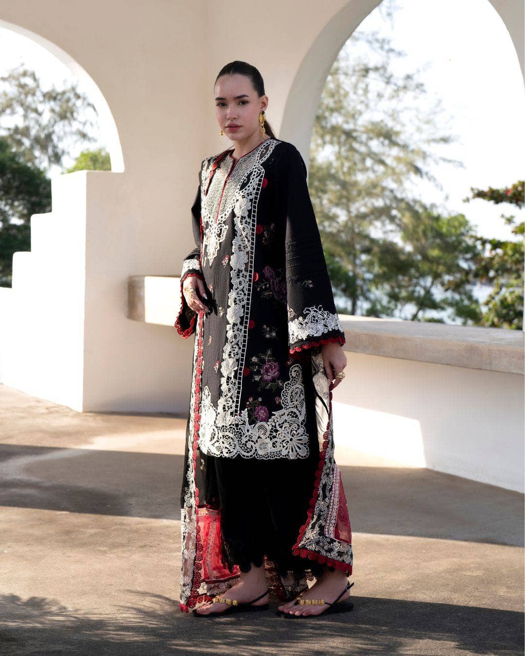 Restocked/Afsana Lawn by Nofha Official/Charlotte/Embroidered Chiffon Dupatta