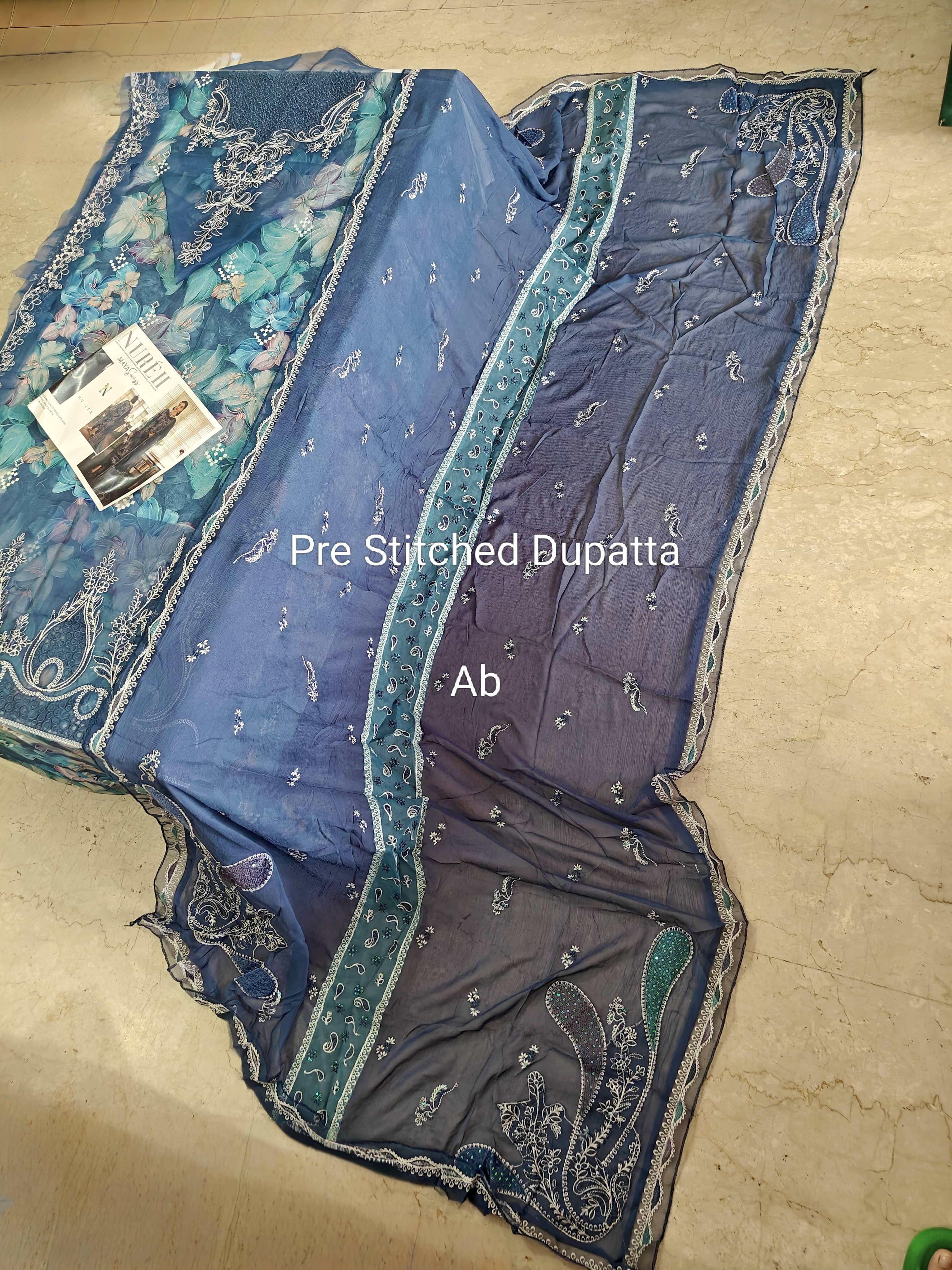 Open Pic/Nureh Maya Swiss Lawn 26/NS 162/Embroideried Chiffon Dupatta