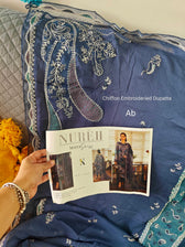 Open Pic/Nureh Maya Swiss Lawn 26/NS 162/Embroideried Chiffon Dupatta