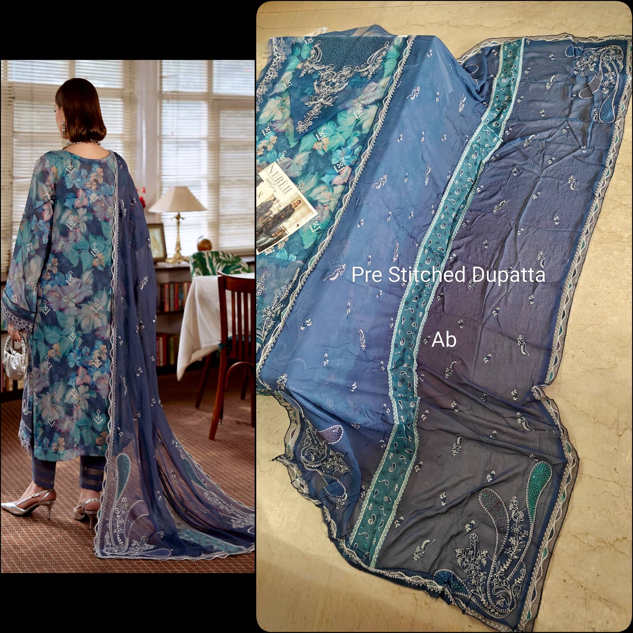 Open Pic/Nureh Maya Swiss Lawn 26/NS 162/Embroideried Chiffon Dupatta
