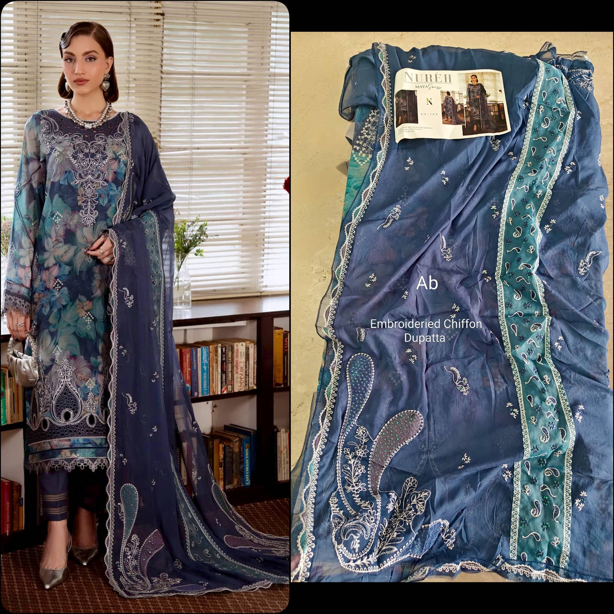 Open Pic/Nureh Maya Swiss Lawn 26/NS 162/Embroideried Chiffon Dupatta