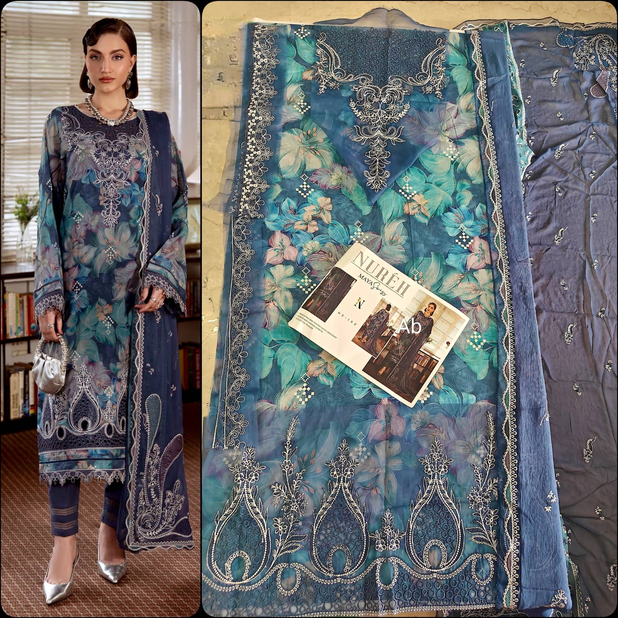 Open Pic/Nureh Maya Swiss Lawn 26/NS 162/Embroideried Chiffon Dupatta