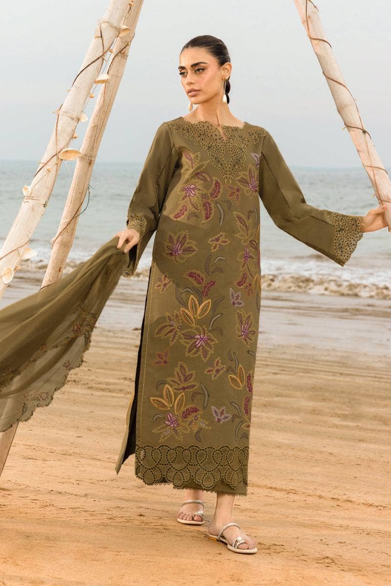 Rang Rasiya Carnation Lawn 25/Vol 2/15/Leah/Olive Green/Embroideried Chiffon Dupatta