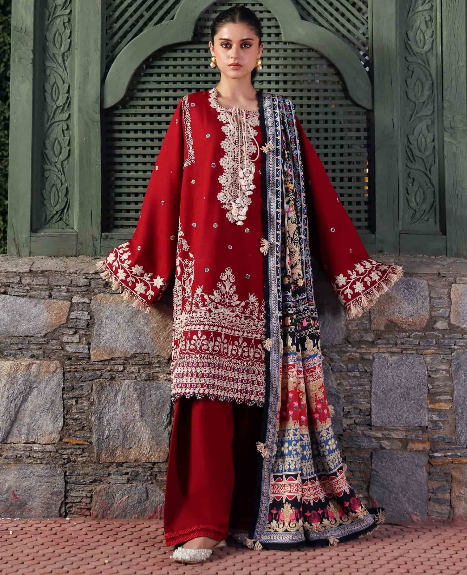 Republic Womens wear Winter Pakistani Suit Republic Womens Wear Amaris/Winter/Orlena/Deep Red/Khaddar