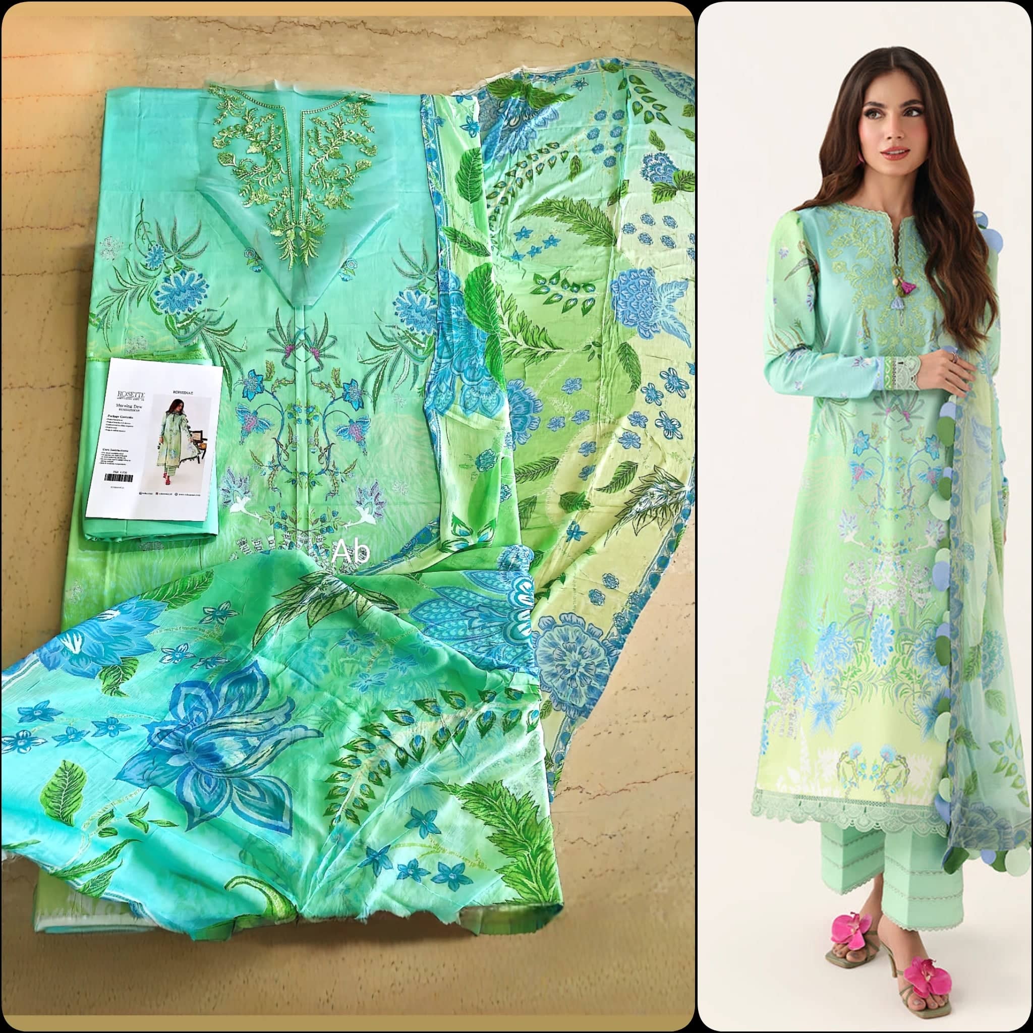 Open Pic/Roheenaz Rosette Lawn/Morning Dew/Chiffon Dupatta