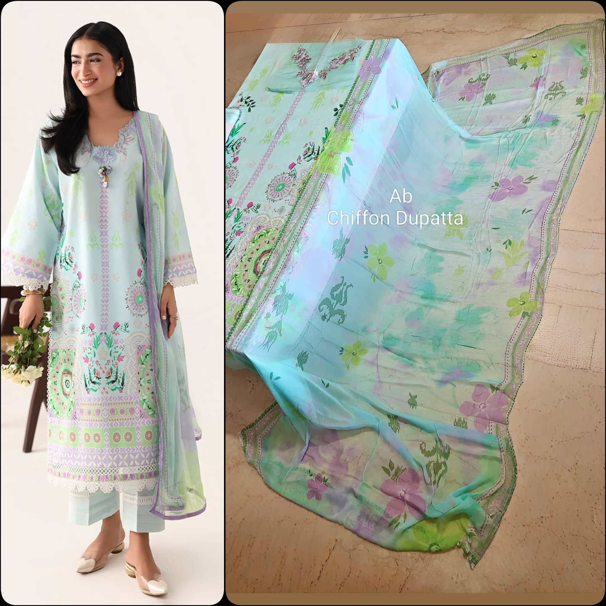 Open Pic/Roheenaz Rosette Lawn/Morning Dew/Chiffon Dupatta