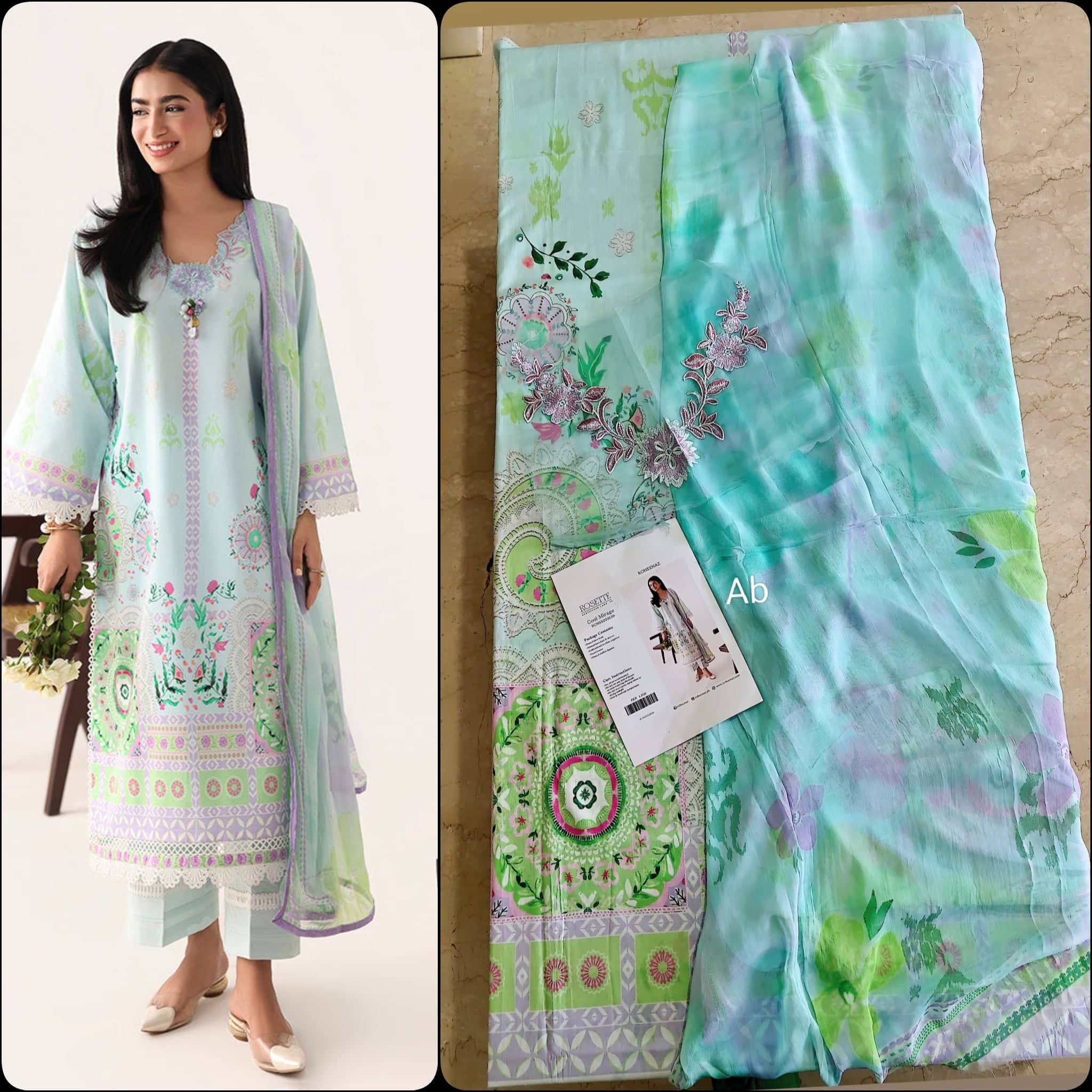 Open Pic/Roheenaz Rosette Lawn/Morning Dew/Chiffon Dupatta