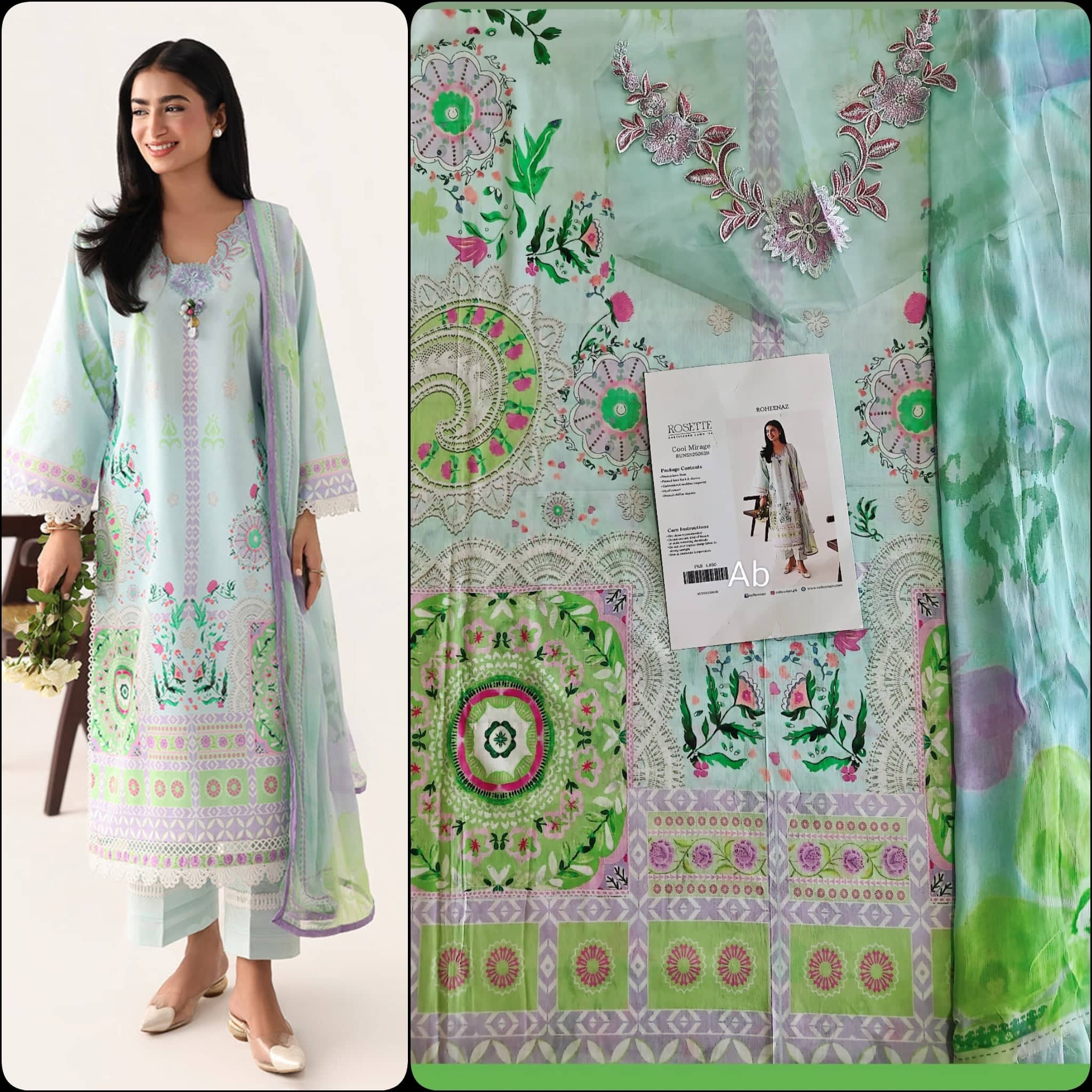 Open Pic/Roheenaz Rosette Lawn/Morning Dew/Chiffon Dupatta