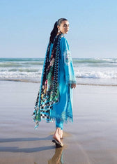 Woman in a blue dress with a patterned scarf standing on a beach.