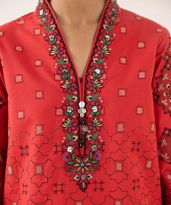Restocked/Sapphire Intermix 25/Vol 2/Embroidered Cotton Suit/Green&Coral Pink
