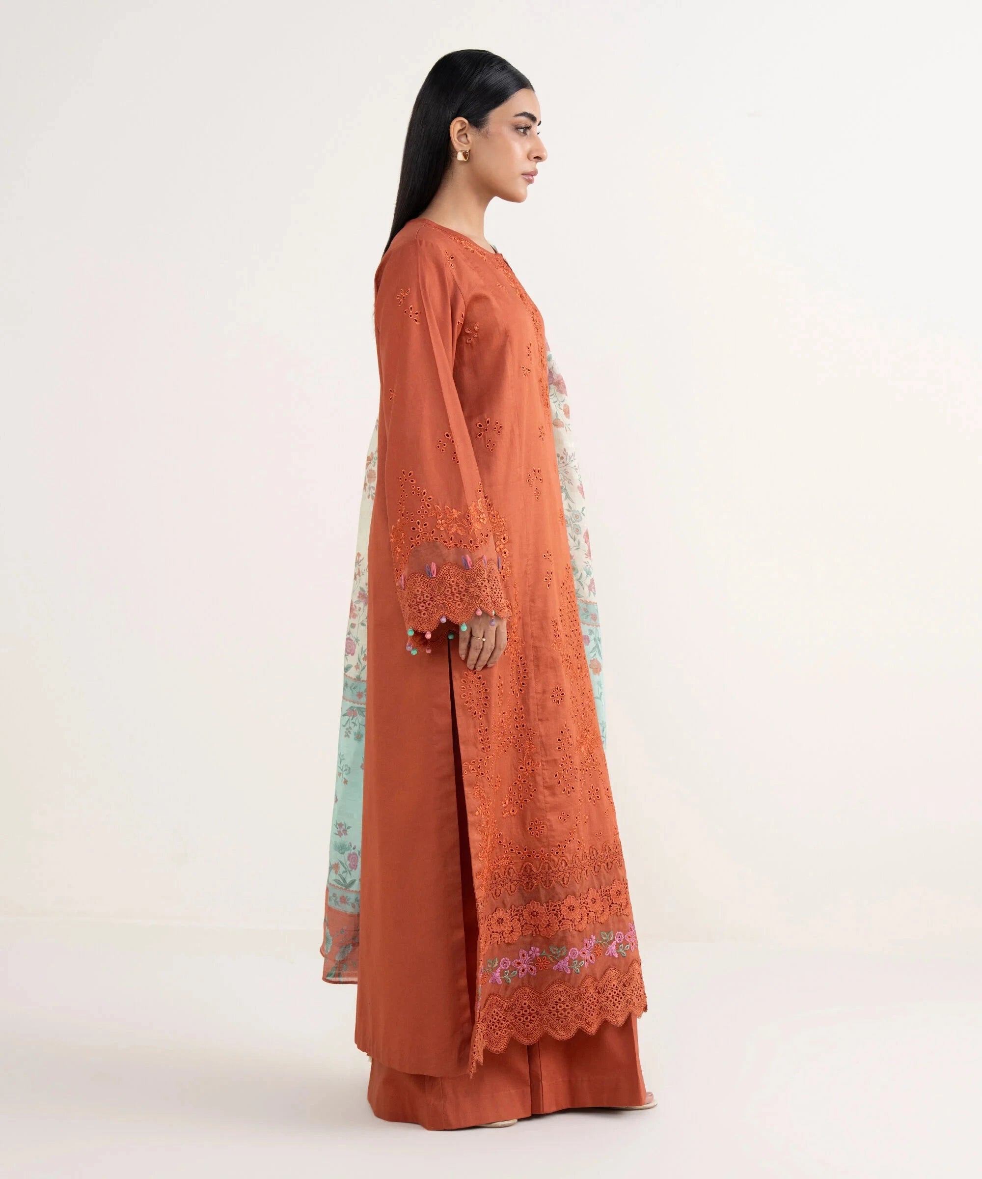 Restocked/Sapphire Winter Essentials/Embroidered Fine Cotton Satin Suit/U3PE-SG25V7-10/Rust