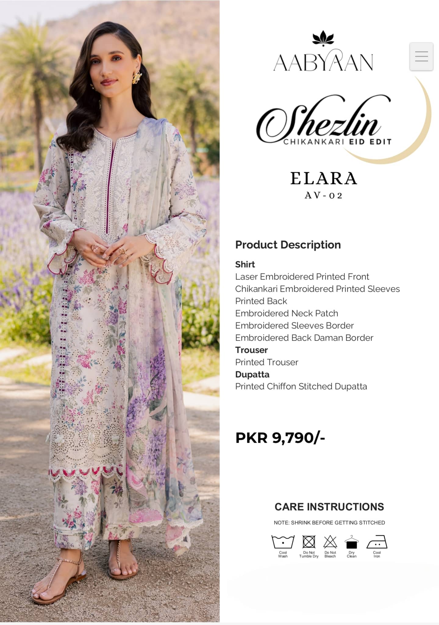 Aabyaan Shezlyn Chikankari Lawn/Elara