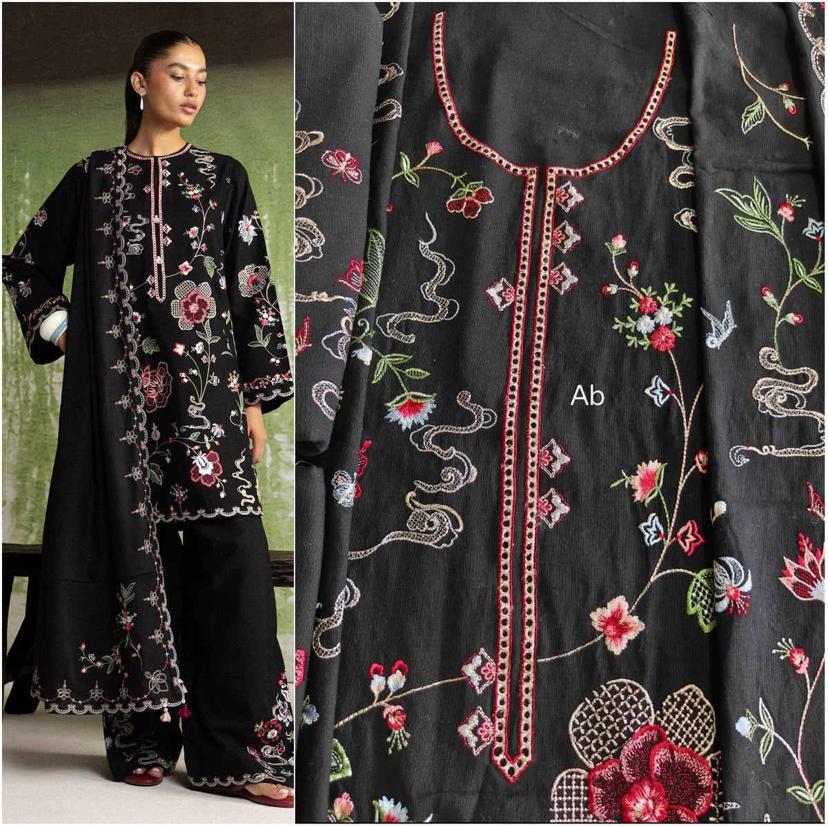 Open Pic/Hot🔥Seller/Zara Shahjahan Coco Winter 26/Embroideried/Nairang 8A/Black/Botanical Details
