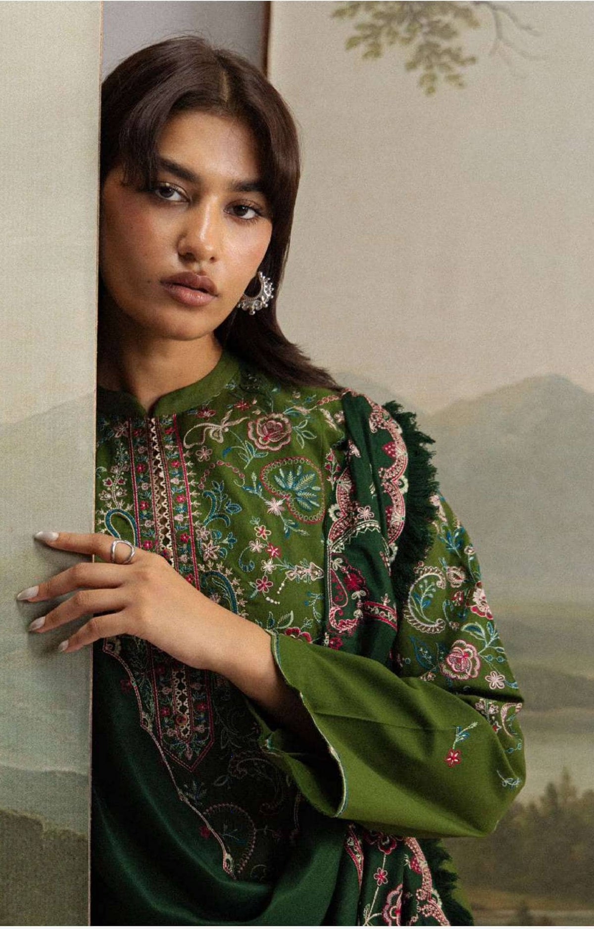 Zara Shahjahan Coco Winter 26/Embroideried/5B/Shab/Forest Green/Delicate Florals & Paisleys