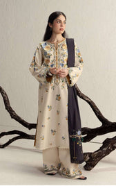 Zara Shahjahan Coco Winter 26/Embroideried/Asmani 9B/Soft Cream With Fresh Blue & Mustard Florals