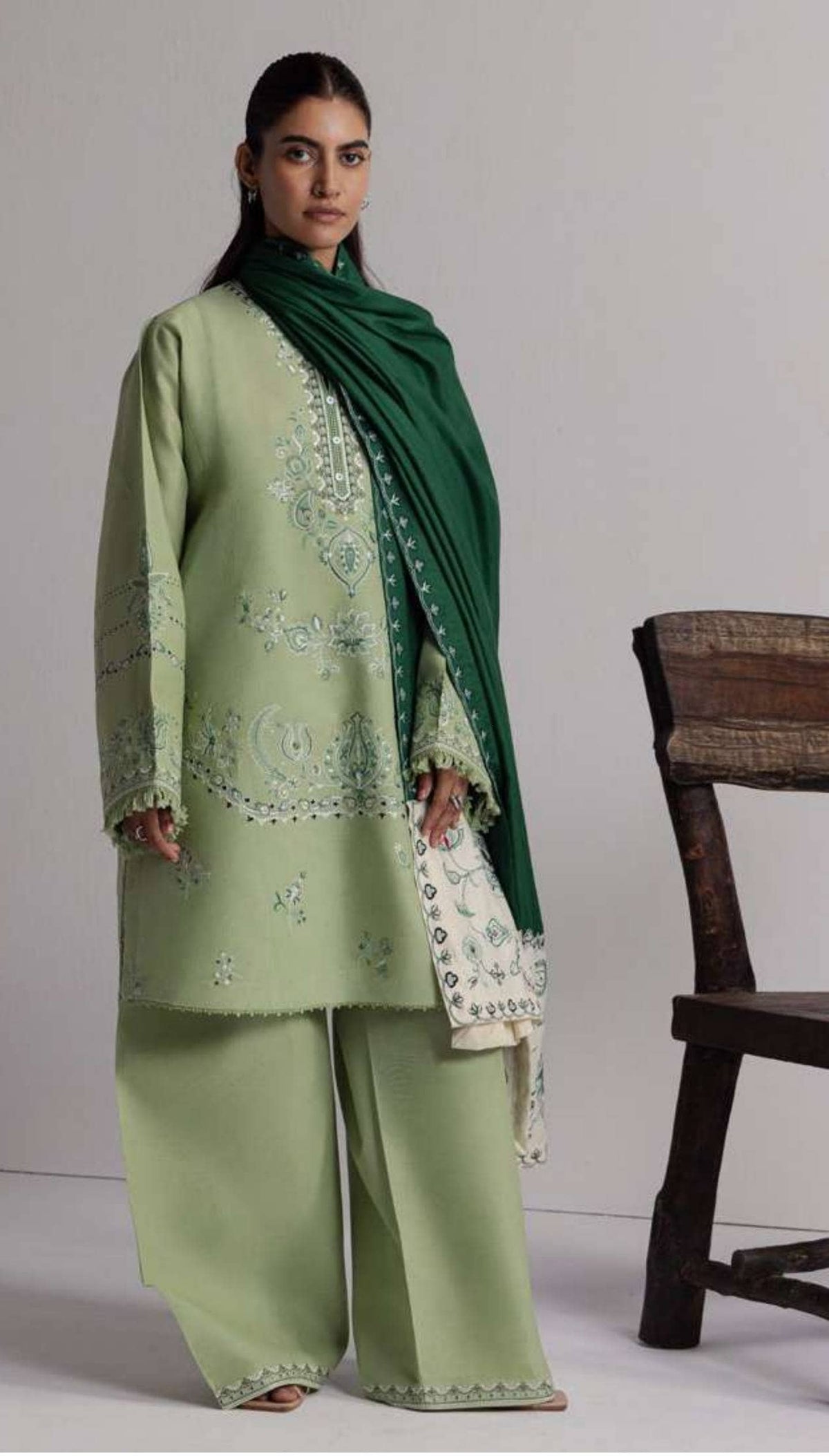 Zara Shahjahan Coco Winter 26/Embroideried/Neelam 4B/Parrot Green/Suzani Blooms