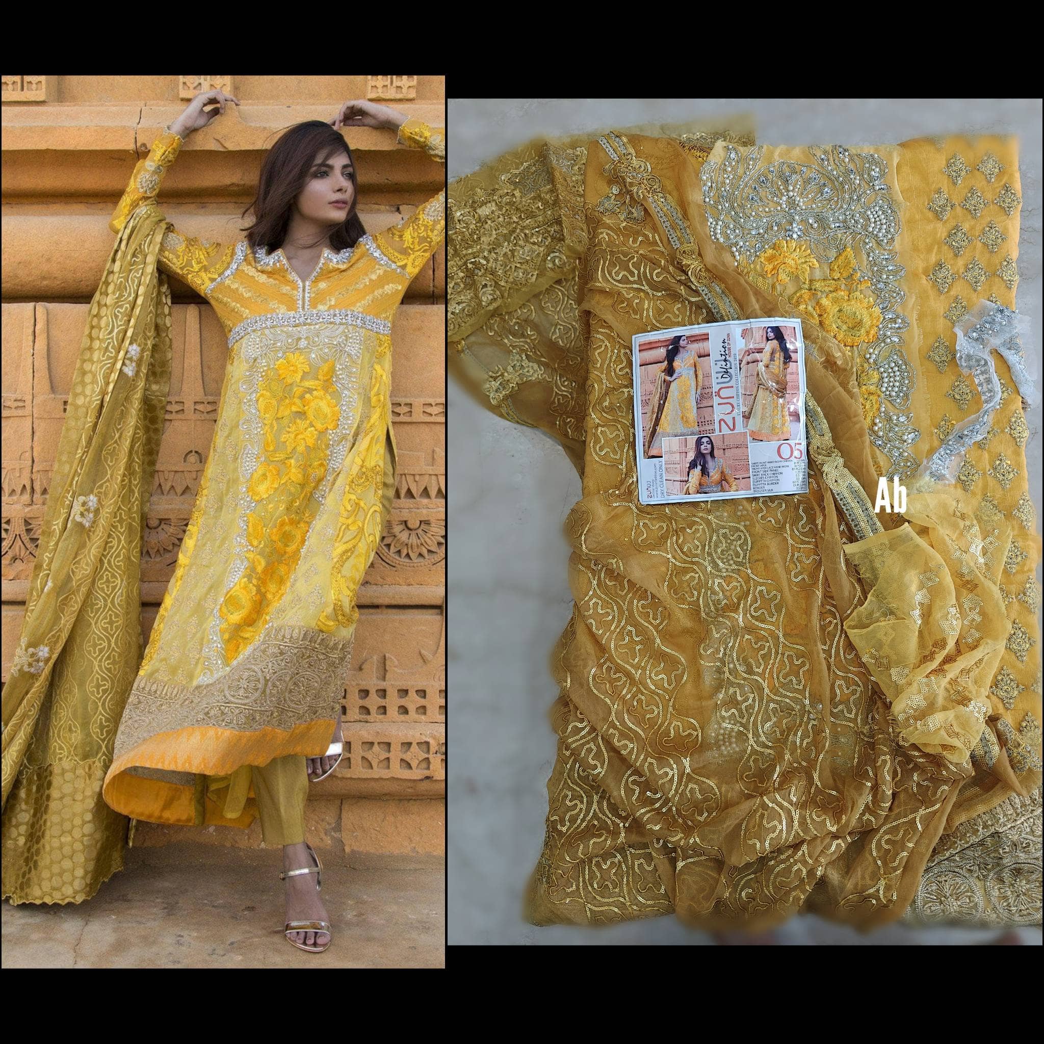 Sale‼️Haldi Look✅Open Pic/Zunuj Luxury Chiffon/Umber/Copper Gold and Yellow