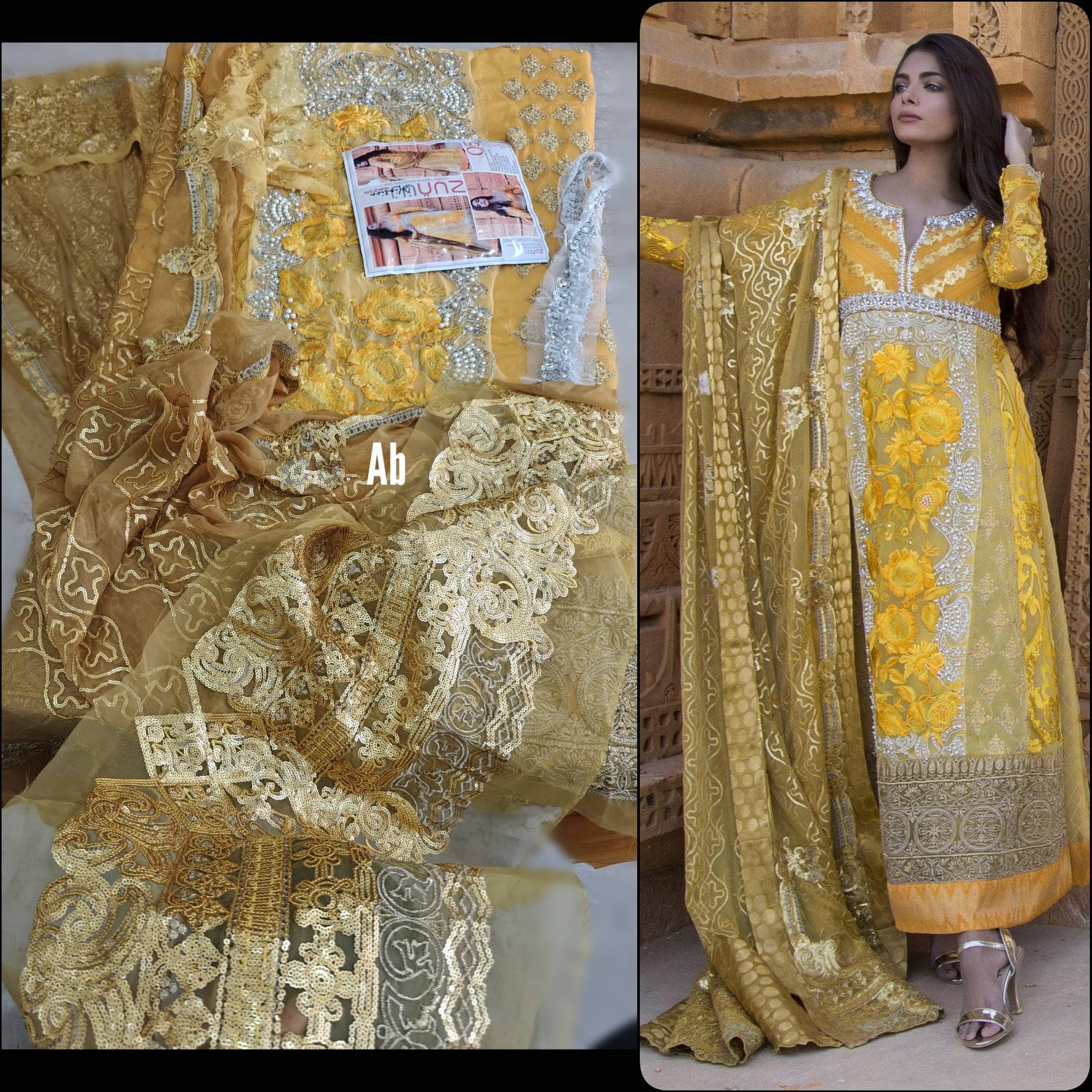 Sale‼️Haldi Look✅Open Pic/Zunuj Luxury Chiffon/Umber/Copper Gold and Yellow