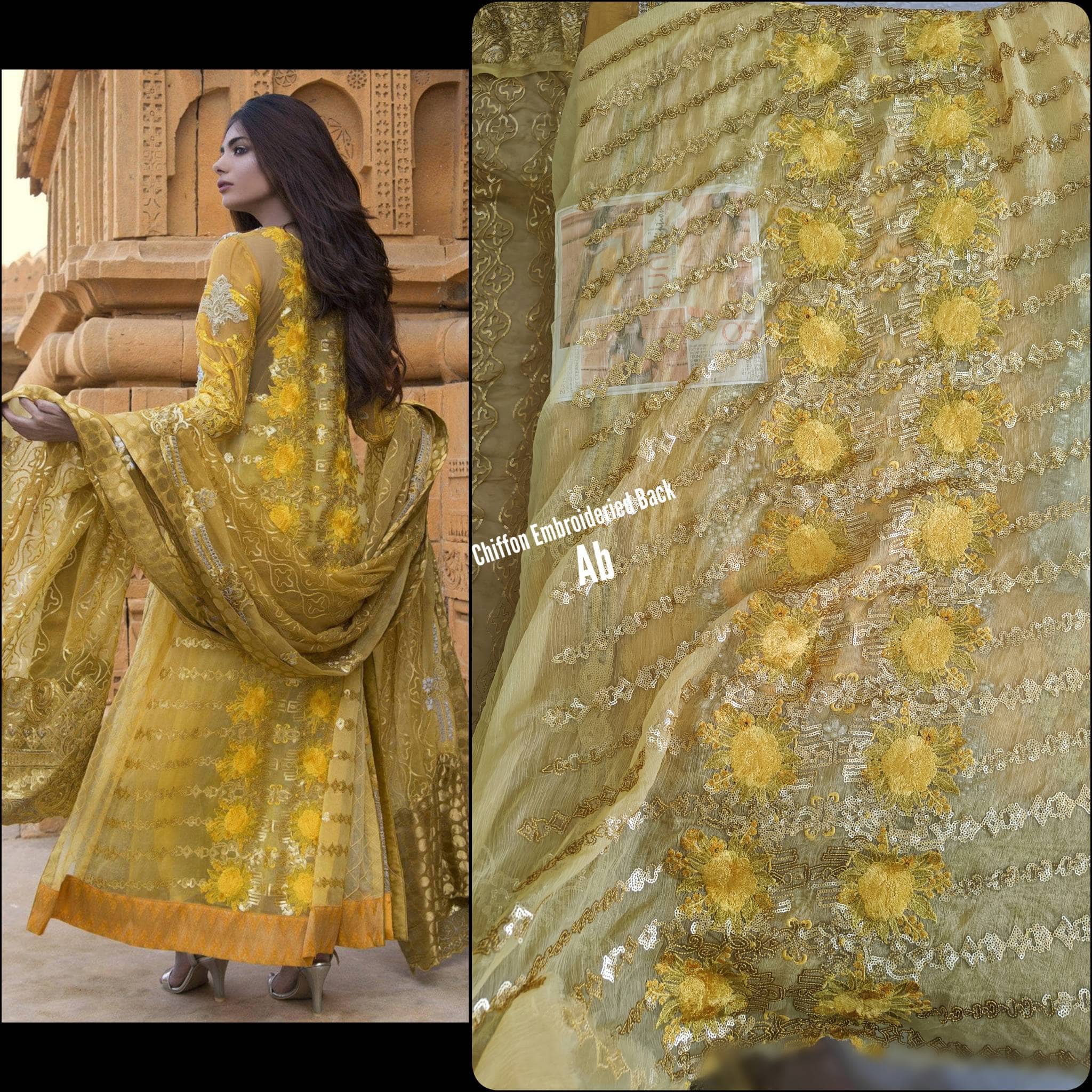 Sale‼️Haldi Look✅Open Pic/Zunuj Luxury Chiffon/Umber/Copper Gold and Yellow