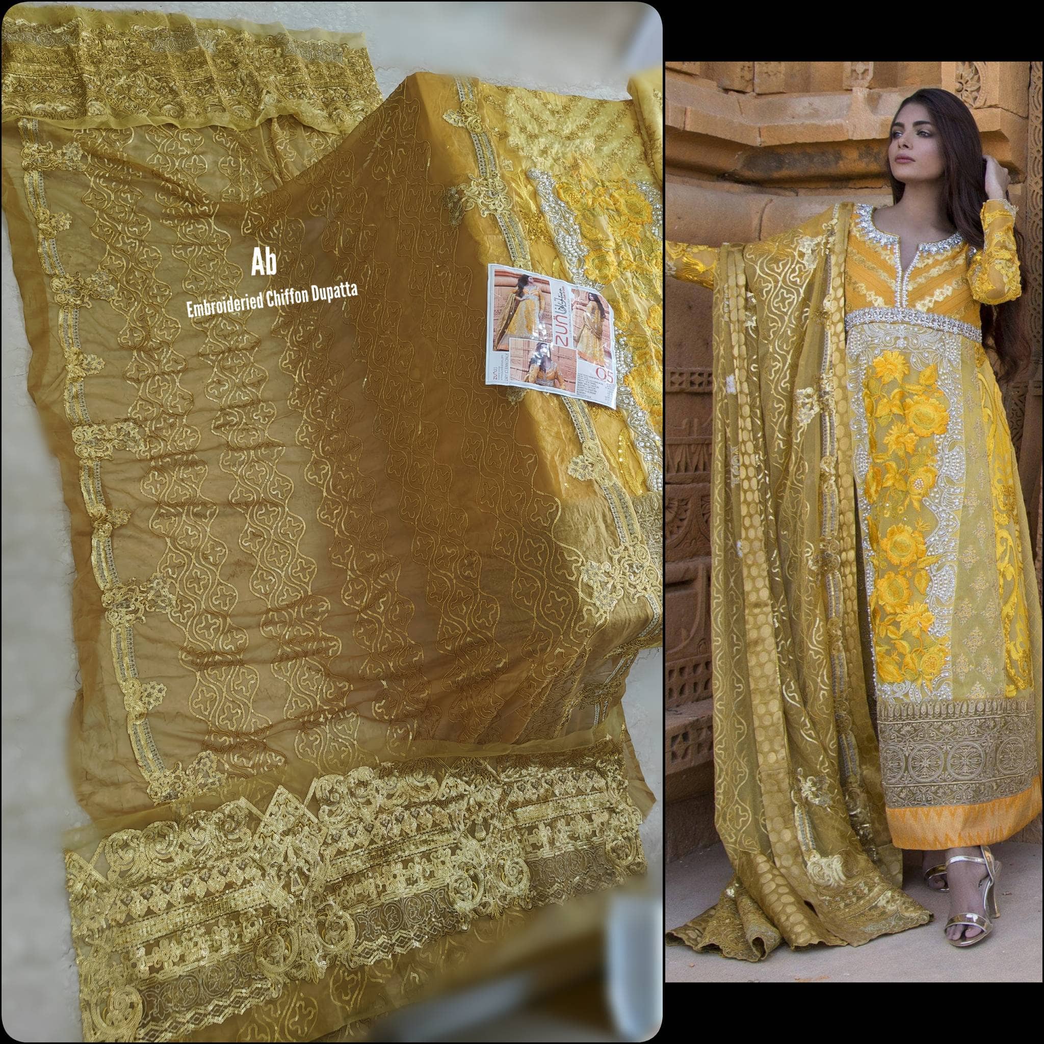 Sale‼️Haldi Look✅Open Pic/Zunuj Luxury Chiffon/Umber/Copper Gold and Yellow