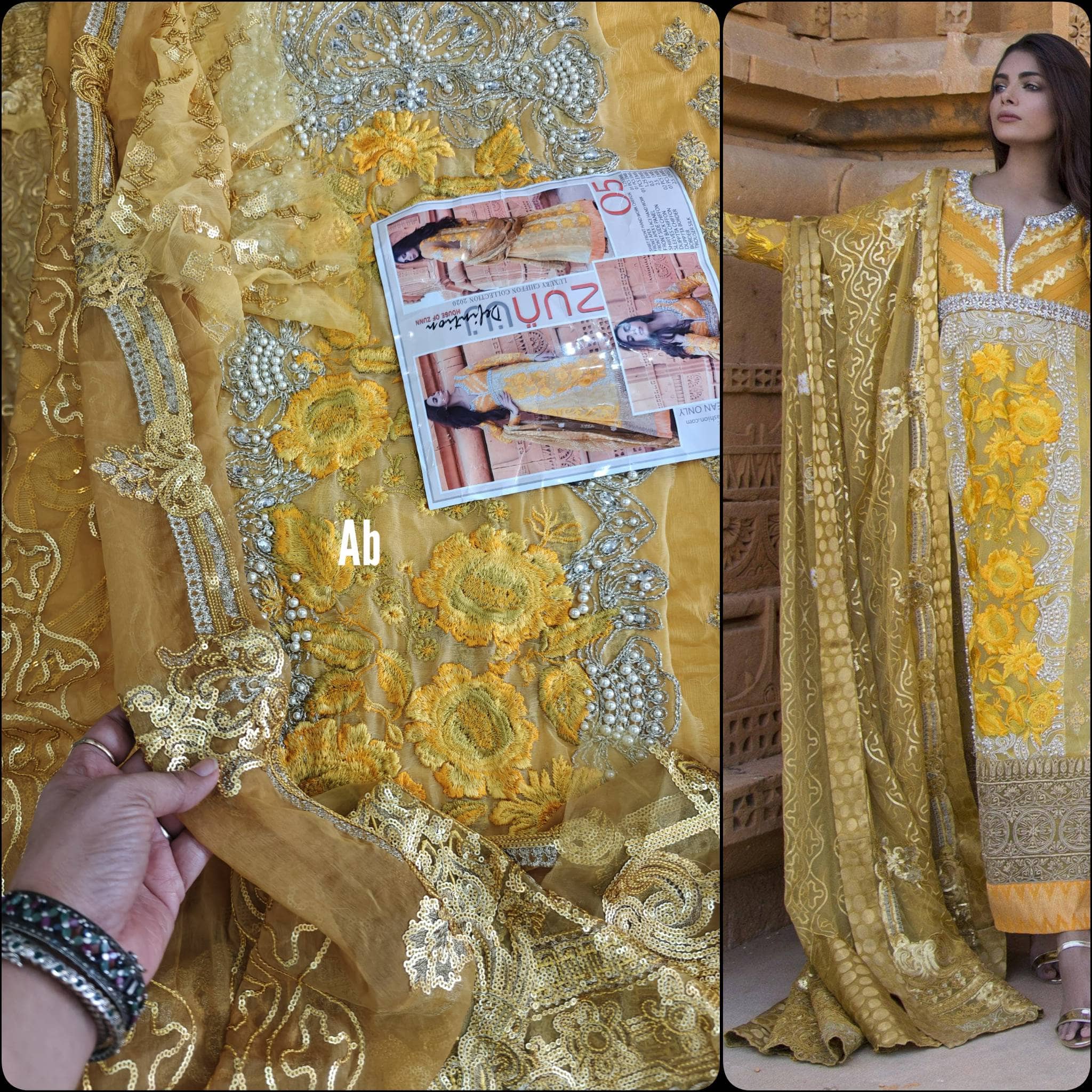 Sale‼️Haldi Look✅Open Pic/Zunuj Luxury Chiffon/Umber/Copper Gold and Yellow