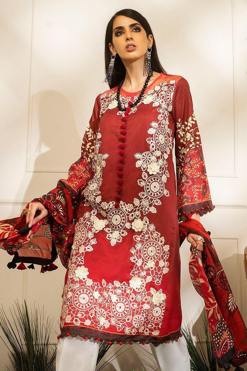 Hemline by Mushq/Luxury Lawn/DANCING SCARLET (HLS-07A) - AWWALBOUTIQUE