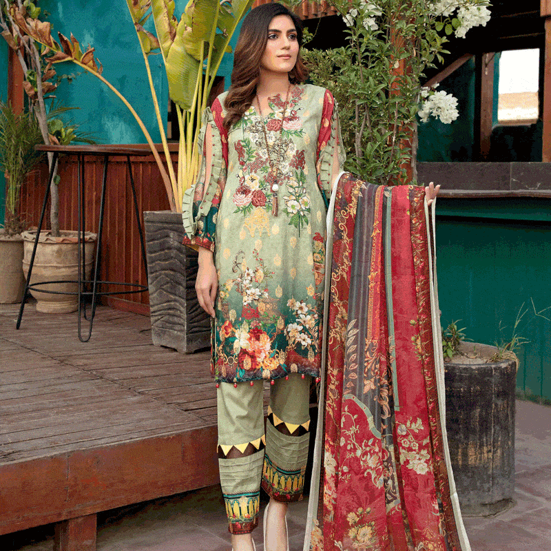 Brand - Riaz Arts  We give COD in India Only.  World Wide Customers can Pay using International Safe Payment Gateway - Pay Pal\Razor Pay  Afreen Lawn Collection by Riaz Arts  100% Original Brands  100% Imported Brands  3 Pc Unstitched Fabric  Details -  Embroidered Lawn Broshia Chiffon Dupatta Plain Trouser Please note -   1.Extra Tassels Hangings are for display Purpose Only,which the Model displays in their Outfit. You can style Your unstitched Suits like the Models or Stitch it according to the Content G