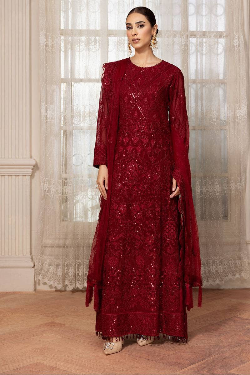 Embroidered net front Embroidered net sleeves Embroidered net sleeves border Embroidered net front & back border Plain net back Embroidered net dupatta Dyed silk trouser