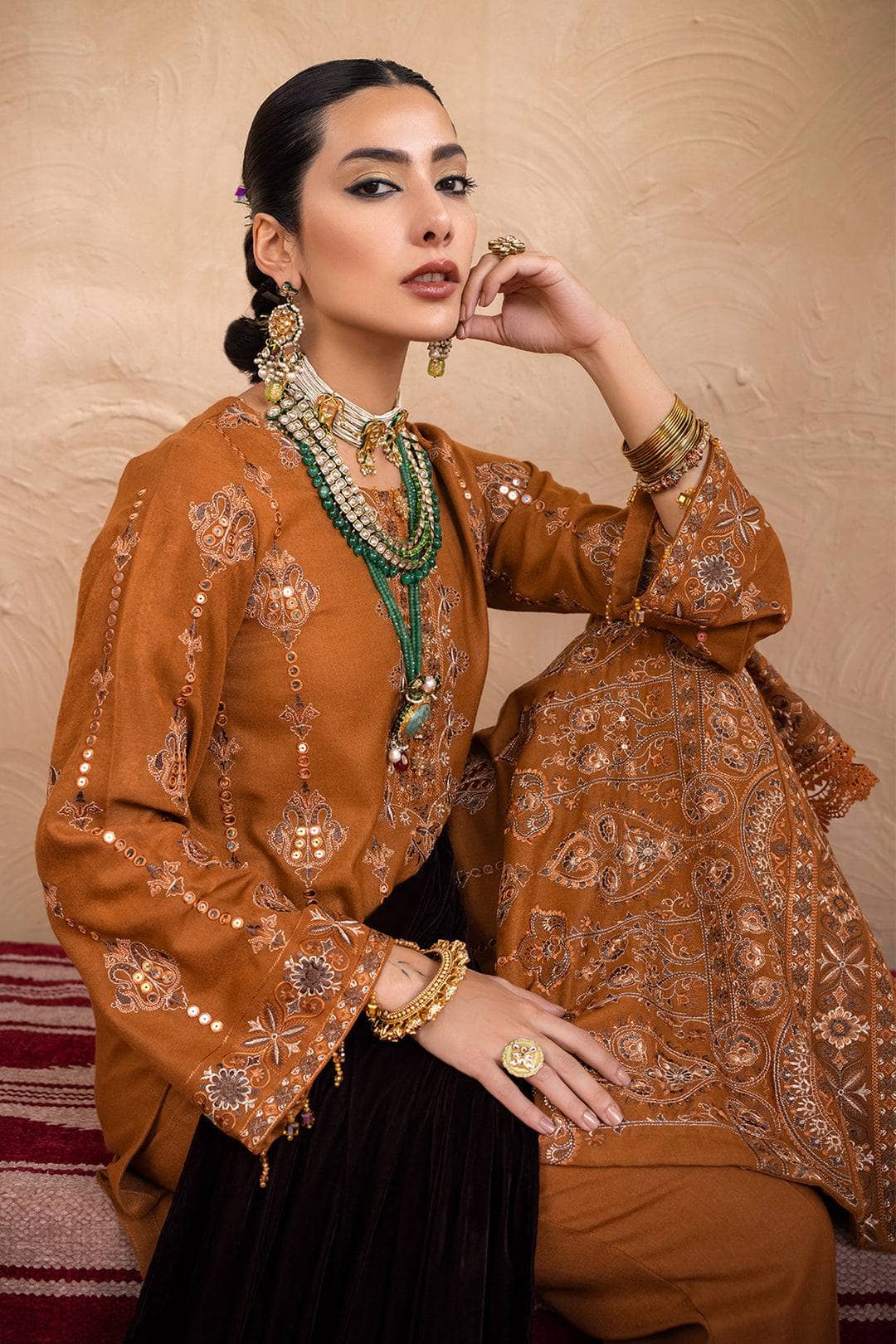 img_leather_peach_embroidered_shirt_velvet_shawl_awwal_boutique