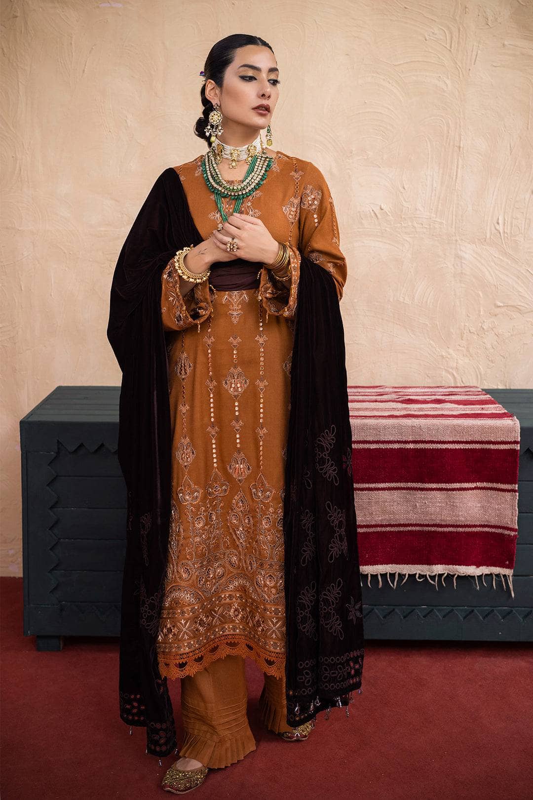 img_leather_peach_embroidered_shirt_velvet_shawl_awwal_boutique