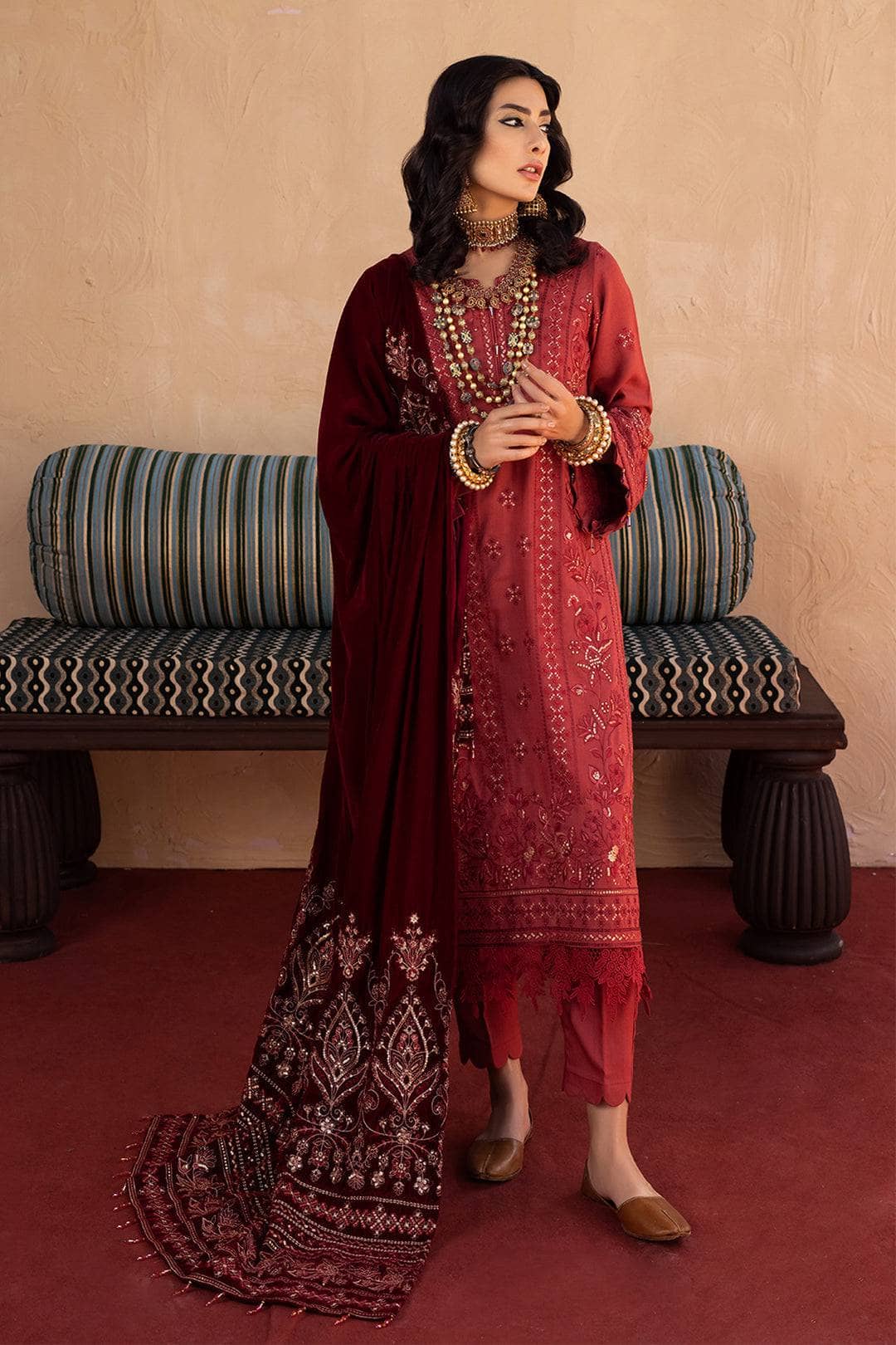 img_leather_peach_embroidered_shirt_velvet_shawl_awwal_boutique