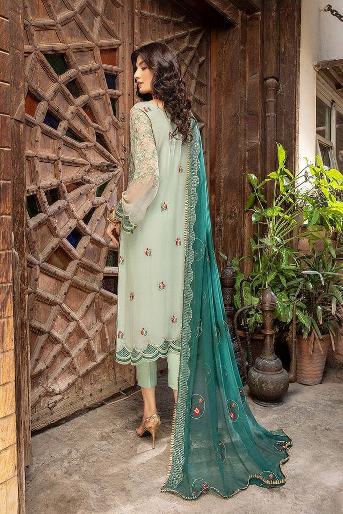Shirt Embroidered Chiffon Front 1M Embroidered Chiffon Back +Sleeves 2M Embroidered Sleeves +Back Daman Patti 2M Inner shirt 2.25M  Trouser Raw Silk Trouser 2.5 M  Dupatta Embroidered Chiffon Dupatta 2.5 M