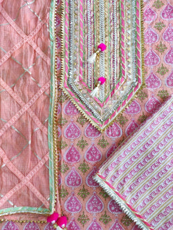 Promoting Indian Artisans/Cotton Block Prints Gota Patti Suits|D 16|Pink|3 Pc