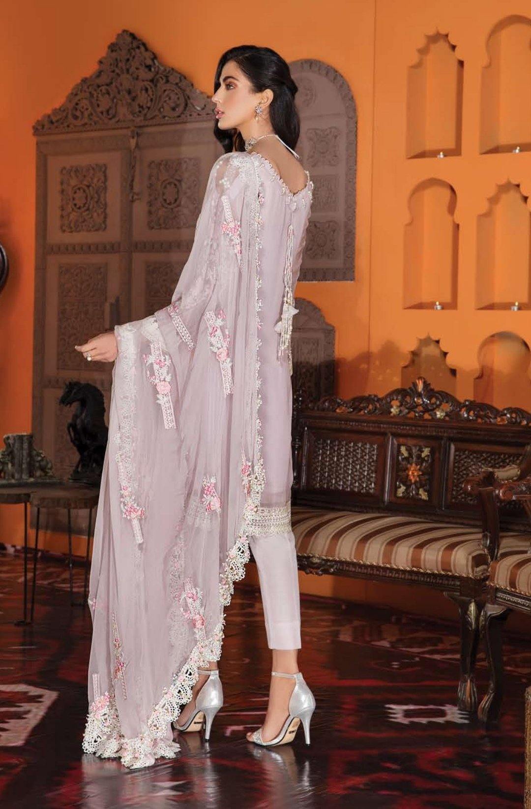 Embroidered Chiffon Shirt with sequins and baadla: 3.25 yards • Embroidered front border patch on tissue: 28 inches • Embroidered back border patch on tissue: 28 inches • Embroidered sleeves border patch on tissue: 40 inches • Embroidered chiffon dupatta with stitched 4 side lace with 3D roses and pearls: 2.5 yards • Dyed PK grip trouser: 2.5 yards • Crystals and pearls for shirt tasseling