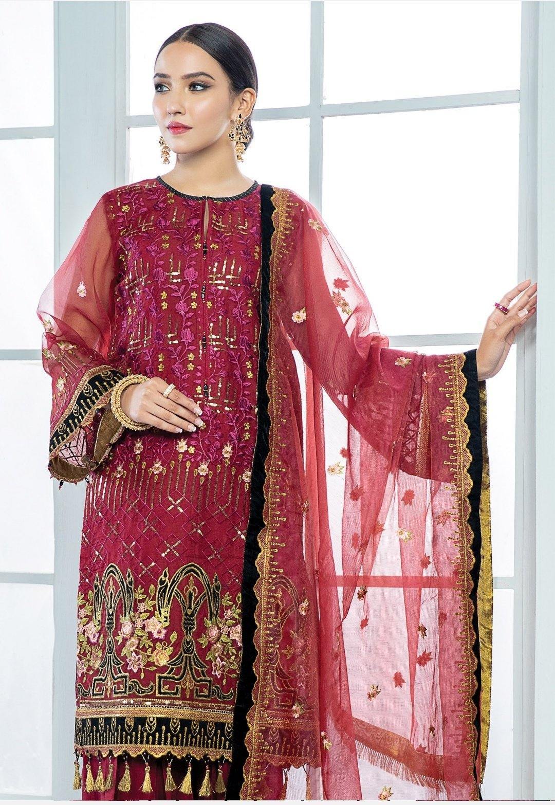 Alizeh Embroidered Chiffon/Vol 3/Surkh - AWWALBOUTIQUE