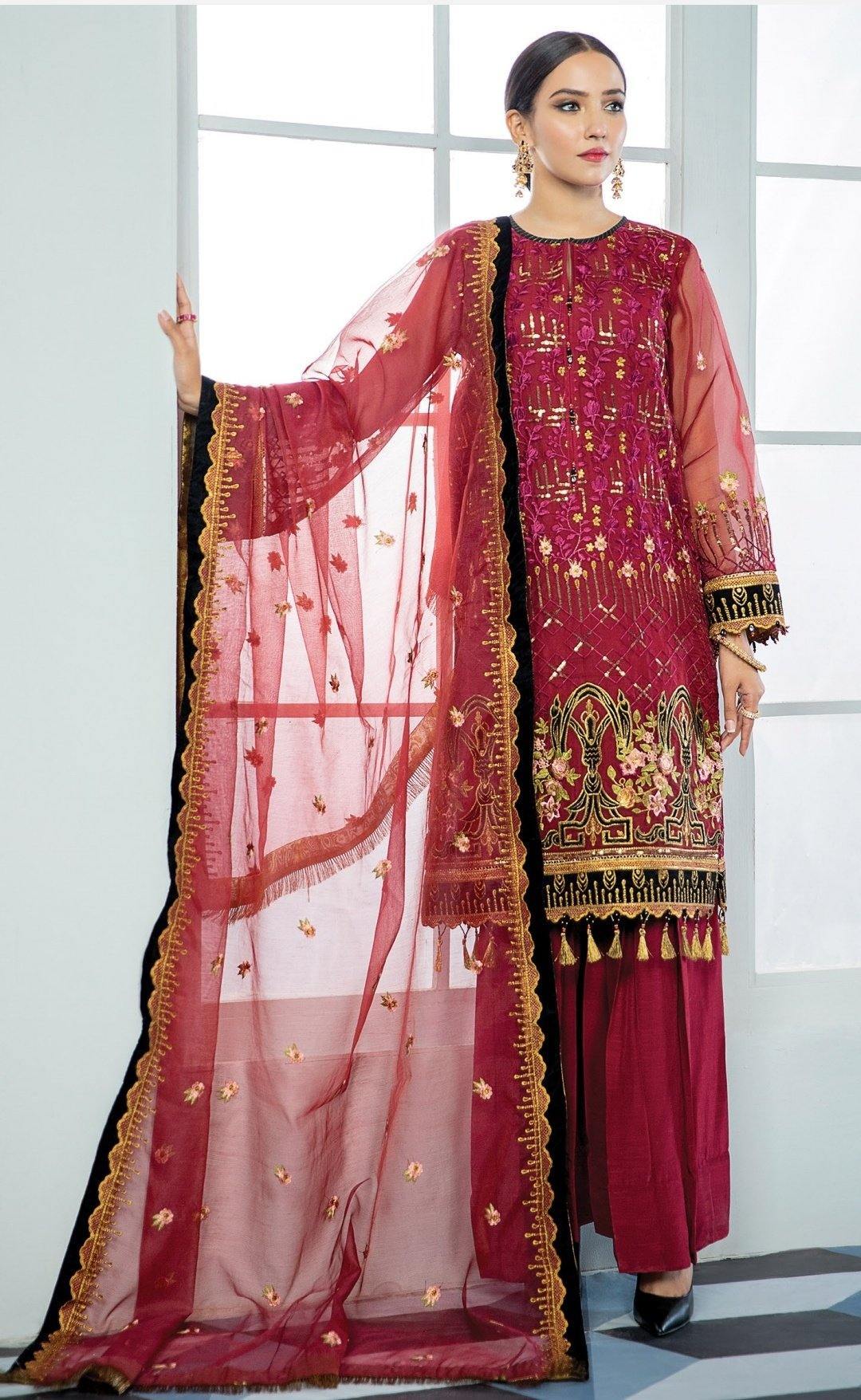 Alizeh Embroidered Chiffon/Vol 3/Surkh - AWWALBOUTIQUE